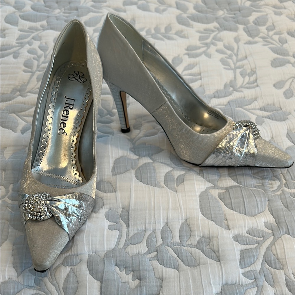 J.Renee Silver Peau de Soie Stiletto Heels with Rhinestone Detail